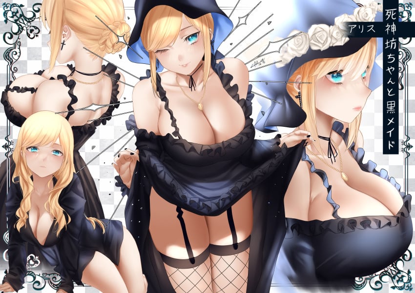 1girls alice_lendrott big_breasts big_thighs blonde_hair blue_eyes breasts busty cleavage clothing dress_lift female fishnets hd hi_res high_quality high_resolution highres huge_breasts large_breasts maid maid_headdress maid_uniform shinigami_bocchan_to_kuro_maid thick_thighs thighs voluptuous zasshu96 zettai_ryouiki