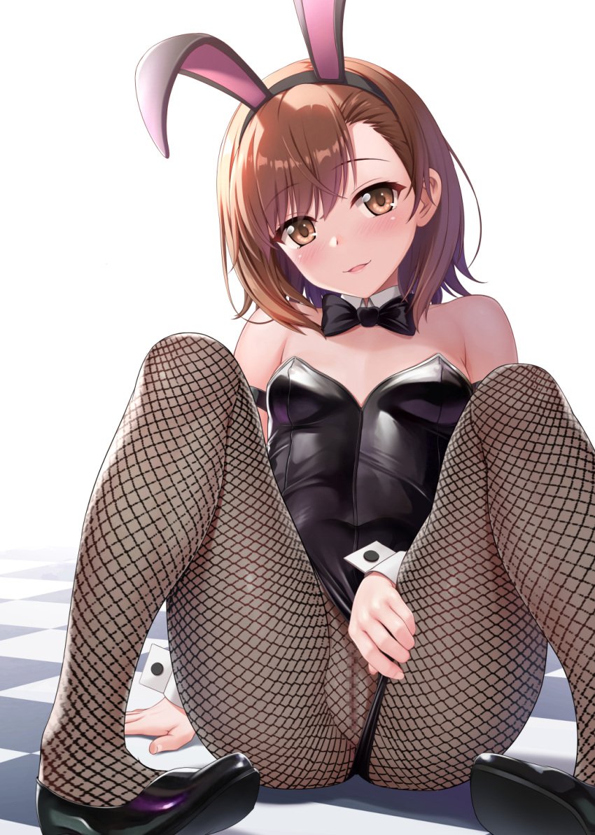 1girls 2020s 2023 :d alternate_costume animal_ears arm_behind_back ass bare_shoulders black_bow black_bowtie black_hairband black_leotard blush bow bowtie breasts brown_eyes brown_hair bunnysuit censored checkered_floor cleft_of_venus clothing_aside covered_navel denhijou_niki detached_collar fake_animal_ears female fishnet_pantyhose fishnets hairband hand_on_own_crotch head_tilt leotard leotard_aside looking_at_viewer m_legs matching_hair/eyes medium_hair misaka_mikoto mosaic_censoring no_panties on_floor open_mouth pantyhose presenting pulled_by_self pussy pussy_visible_through_clothes pussy_visible_through_leotard rabbit_ears see-through sitting skin_tight small_breasts smile solo spread_legs teasing teenage_girl teenager thick_thighs thighs to_aru_kagaku_no_railgun to_aru_majutsu_no_index wide_hips wrist_cuffs yellow_eyes young