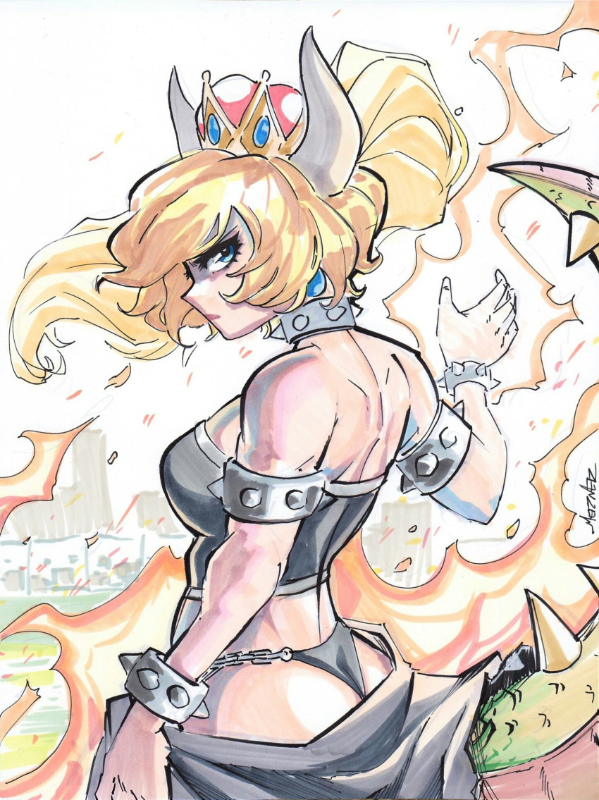 1girls bare_arms bare_ass bare_back bare_shoulders black_panties black_skirt black_top black_topwear blonde_hair blonde_ponytail blue_earrings blue_eyes bowsette bracelet choker chris_metzner earrings female female_only fire head_horn horns long_hair looking_back mario_(series) marker_(artwork) new_super_mario_bros._u_deluxe panties ponytail reptile_tail serious skirt solo spiked_bracelet spiked_choker standing super_crown tail top traditional_media_(artwork)