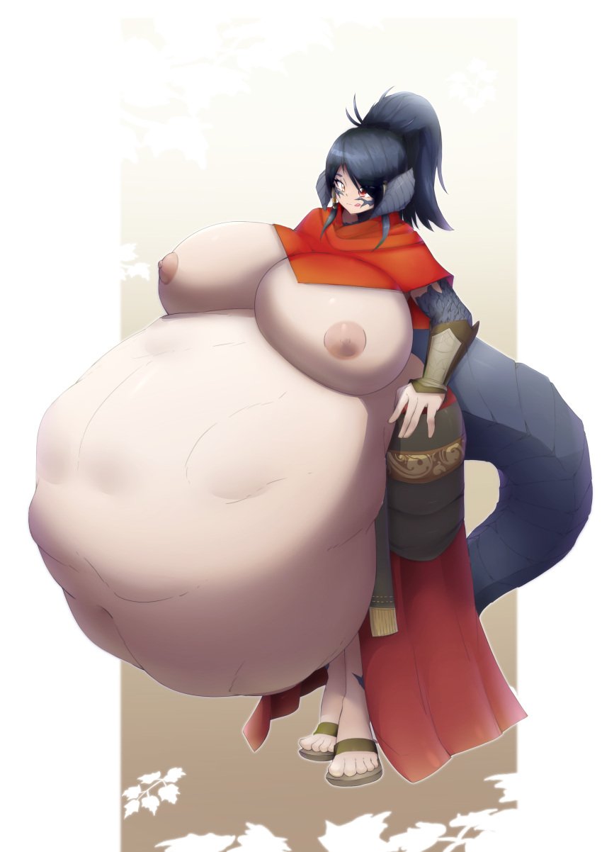 1girls ambiguous_prey au_ra big_breasts breasts commission exposed_breasts female female_pred final_fantasy final_fantasy_xiv horns huge_belly huge_breasts licking_lips light-skinned_female looking_at_belly nipples oral_vore same_size_vore scyn soft_vore solo solo_female squirming squirming_gut struggling struggling_prey tail vore vore_belly