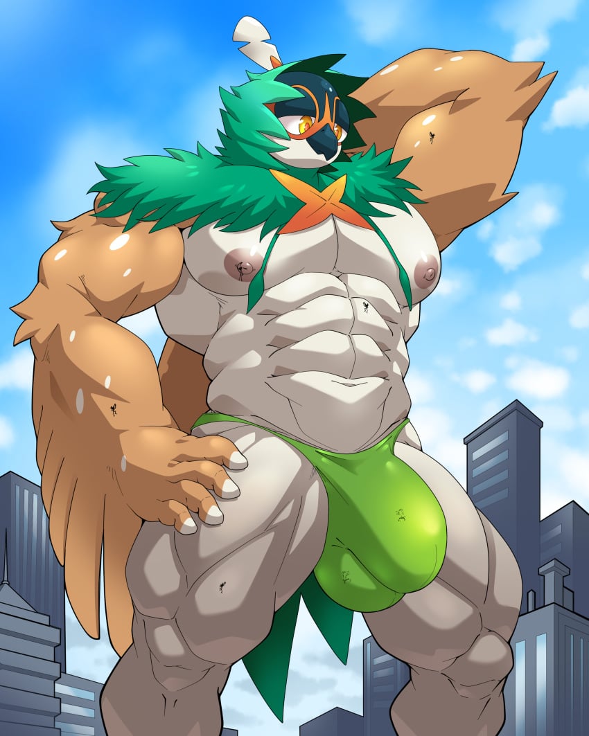 1boy 2023 4:5 absurd_res anthro avian bara bird bulge city clothing decidueye digital_media_(artwork) entrapment feathers generation_7_pokemon genital_outline green_body green_feathers hi_res looking_down macro maldu male male_only mammal muscular muscular_male nintendo owl pokemon pokemon_(species) solo speedo swimwear trapped_in_clothing trapped_in_underwear white_body wings