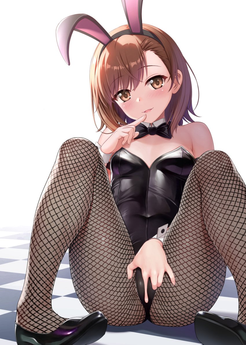 1girls 2020s 2023 :d alternate_costume animal_ears ass bare_shoulders black_bow black_bowtie black_hairband black_leotard blush bow bowtie breasts brown_eyes brown_hair bunnysuit checkered_floor covered_navel denhijou_niki detached_collar fake_animal_ears female finger_to_mouth fishnet_pantyhose fishnets hairband hand_on_own_crotch head_tilt leotard looking_at_viewer m_legs matching_hair/eyes medium_hair misaka_mikoto on_floor open_mouth pantyhose rabbit_ears sitting skin_tight small_breasts smile solo spread_legs teasing teenage_girl teenager thick_thighs thighs to_aru_kagaku_no_railgun to_aru_majutsu_no_index wide_hips wrist_cuffs yellow_eyes young