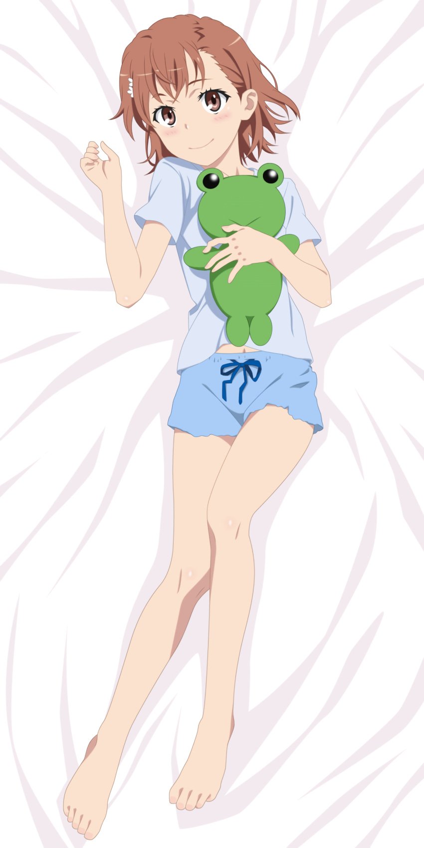 10s 1girls 2015 :) bare_legs barefoot bed bed_sheet blue_shorts blush brown_eyes brown_hair casual female full_body gekota hair_flower hair_ornament hi_res long_legs looking_at_viewer lying matching_hair/eyes misaka_mikoto navel on_back short_hair shorts smile smile_(rz) solo teenage_girl teenager to_aru_kagaku_no_railgun to_aru_majutsu_no_index toes young