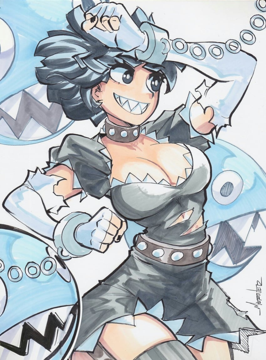 1girls bare_thighs belt black_collar black_dress black_eyes black_hair black_nail_polish chain_chomp chained chains chompette chris_metzner cleavage collar cuffed cuffs dress female female_focus gloves long_sleeves mario_(series) metal_belt metal_collar nail_polish new_super_mario_bros._u_deluxe ripped_clothing ripped_dress sharp_teeth short_hair smile super_crown super_mario_bros. thick_thighs