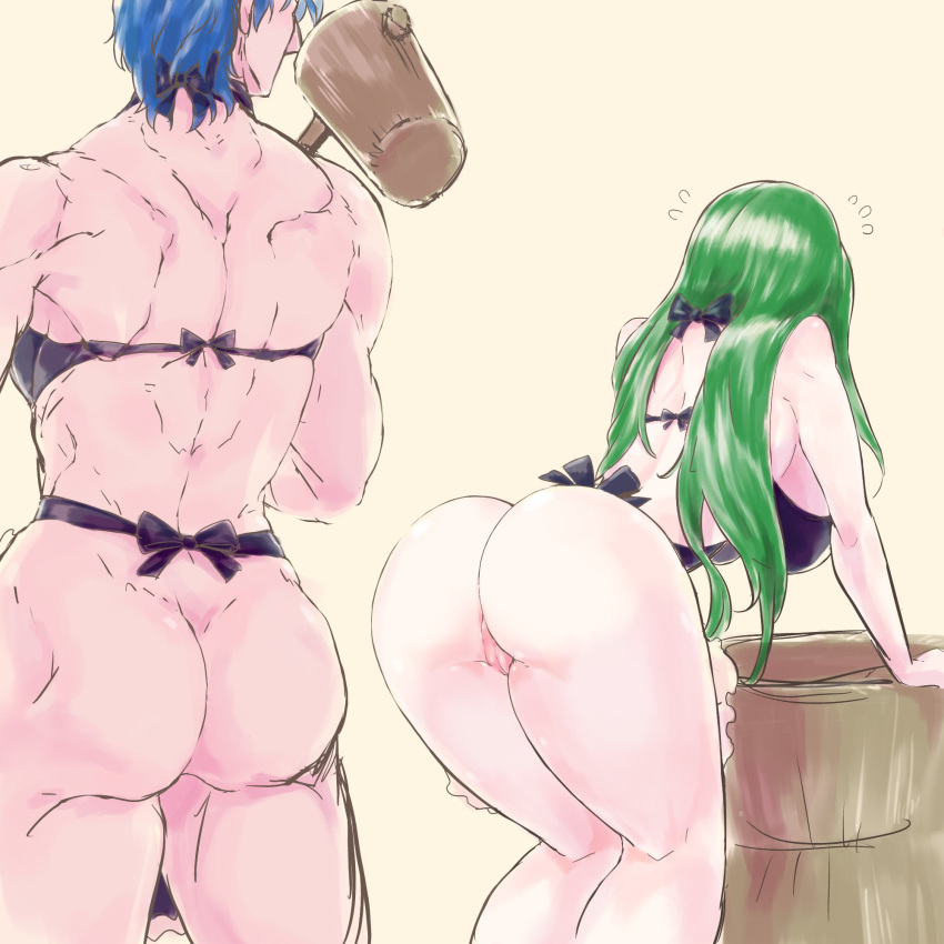 1boy 1girls annand_(fire_emblem) apron arm_support ass back back_view bare_arms bare_back bare_legs bare_thighs big_ass blue_hair breasts bucket crossdressing female fire_emblem fire_emblem:_genealogy_of_the_holy_war green_hair hammer huge_breasts large_ass leaning_forward legs long_hair male mochi muscular muscular_male naked_apron ninja nintendo nude nude_female pussy short_hair sigurd_(fire_emblem) ta_dasu_(tadasu_hayashi) thick_thighs thighs