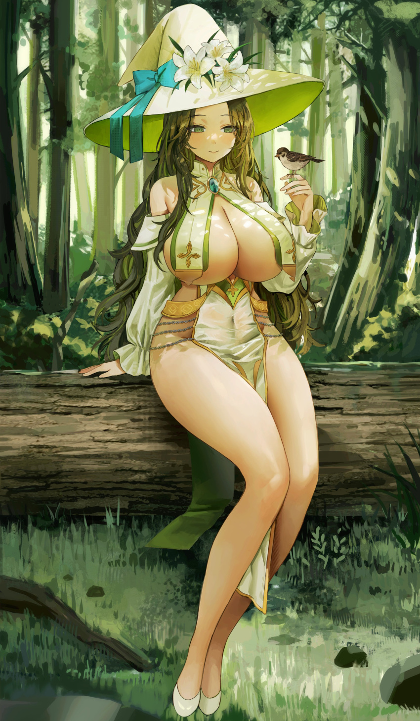 1animal 1girls 2023 absurd_res animal bare_legs bare_shoulders bird bird_on_hand breast_curtains breasts brooch brown_hair cleavage clothing detached_sleeves female female_focus flower forest frilled_sleeves frills full_body fungi_(fungi542/gompang_11) grass green_eyes hat hat_flower high_heels highres huge_breasts jewelry light-skinned_female light_skin long_hair looking_at_animal nature original pelvic_curtain plant revealing_clothes sitting smile solo_focus thick_thighs thighs very_long_hair witch_hat