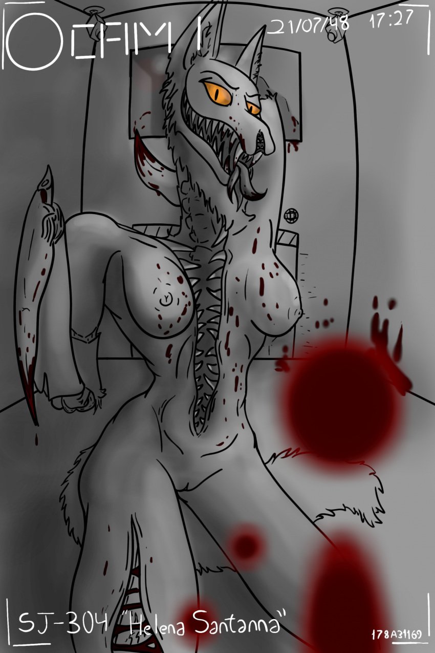 anthro blood blood_on_face bodily_fluids body_horror breasts canid canine canis coyote female fluid_on_pov gore hi_res horror_(theme) looking_at_viewer mammal naysayingmongrel orange_eyes shaded simple_shading solo