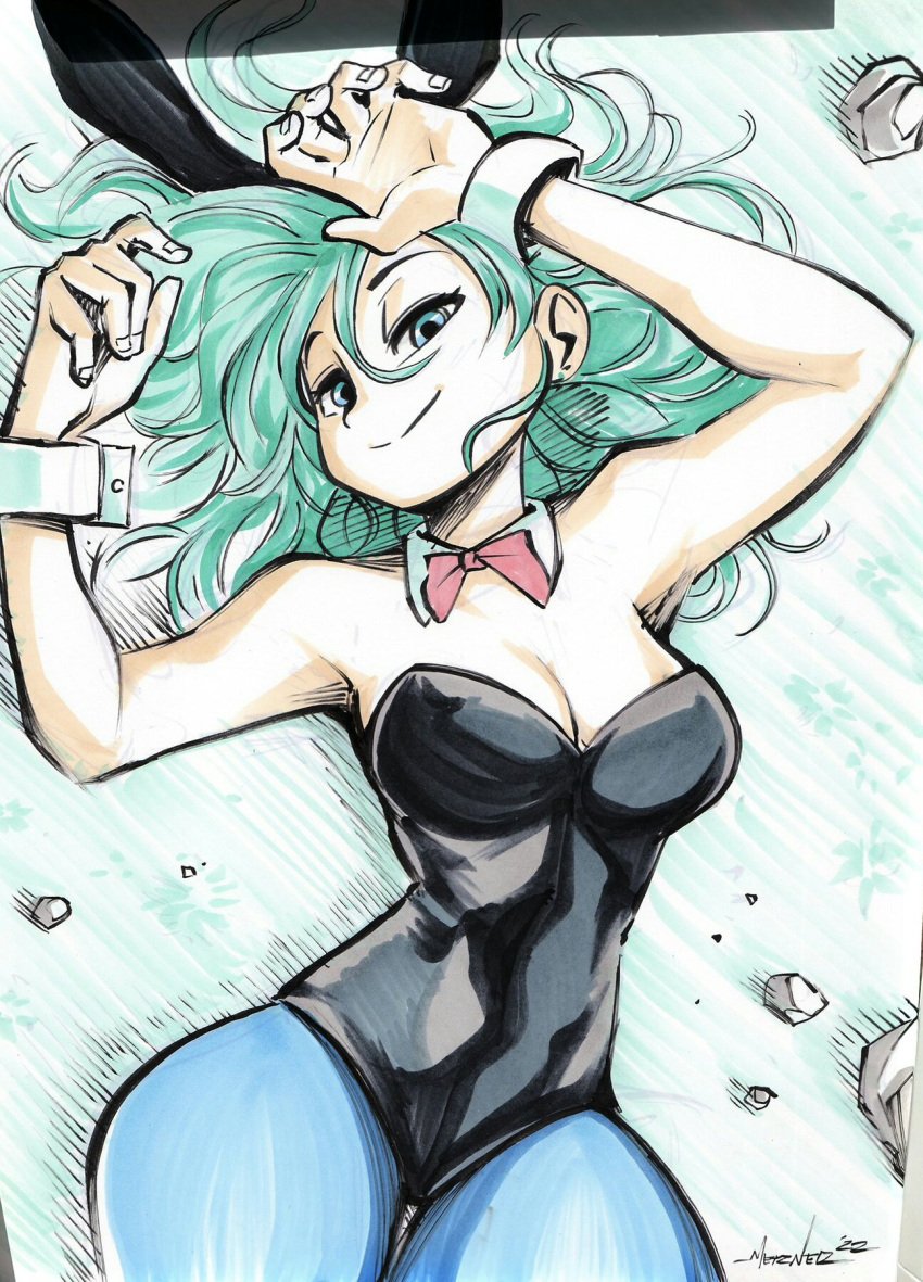 arm_cuffs bare_arms bare_shoulders black_leotard blue_stockings bowtie bowtie_collar bulma bulma_(bunny) bulma_(dragon_ball) bulma_briefs bunny_ears bunny_girl bunnygirl bunnysuit chris_metzner cleavage collar cuffs dragon_ball dragon_ball_(classic) dragon_ball_super dragon_ball_z leotard long_hair looking_at_viewer mint_eyes mint_hair teenager