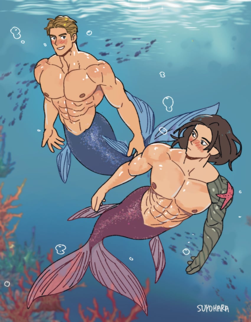 bara big_pecs blonde_hair blush brown_hair bucky_barnes captain_america captain_america_(series) coral couple fish fish_tail gay light-skinned_male light_skin long_hair looking_at_partner male male_only marvel marvel_cinematic_universe marvel_comics merfolk mermaid merman mermay muscular muscular_male muscular_torso prosthetic prosthetic_arm shirtless short_hair steve_rogers suyohara swimming underwater wet winter_soldier