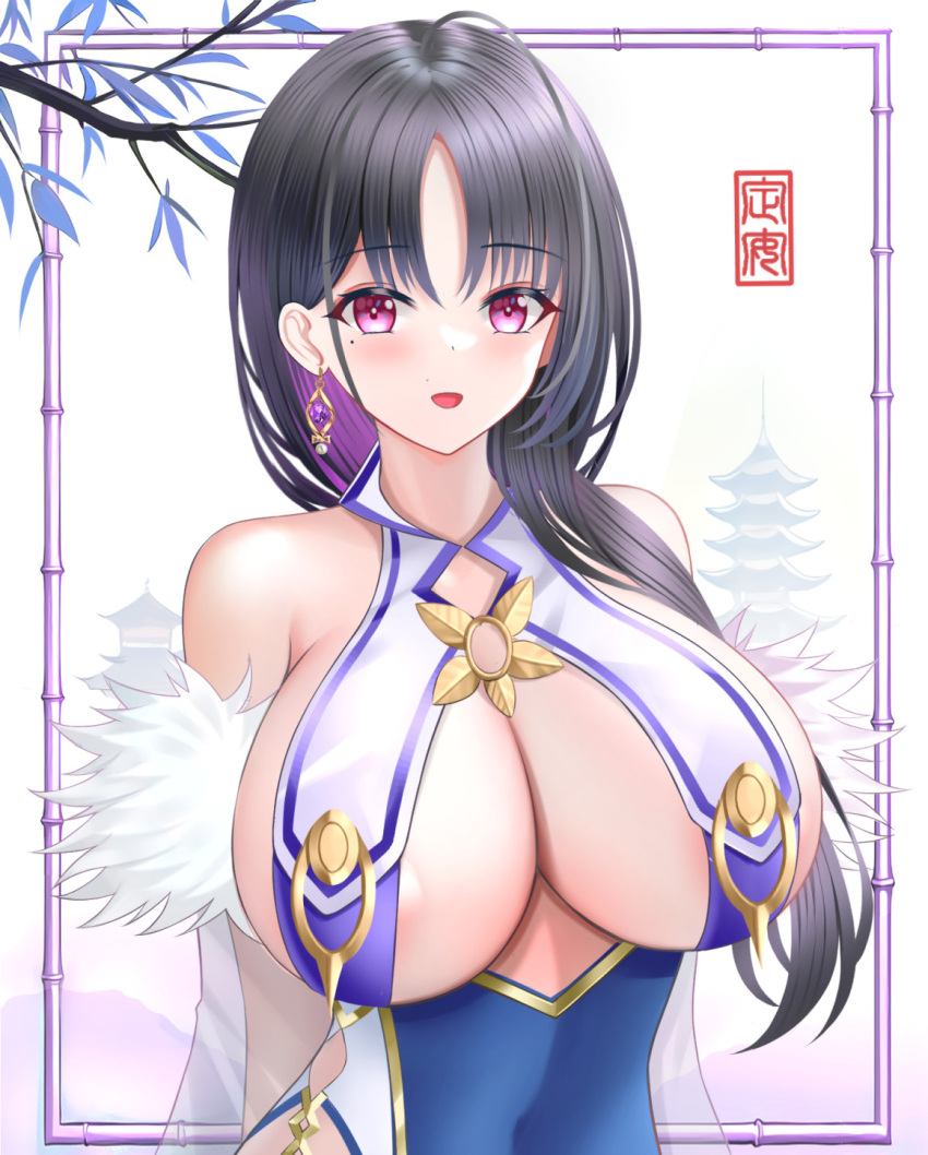 1girls areolae azur_lane black_hair breasts clothed clothing dina_(dinafya_) dragon_empery_(azur_lane) earring eyebrows_visible_through_hair female female_only happy huge_breasts light-skinned_female light_skin looking_at_viewer pink_eyes solo ting_an_(azur_lane)