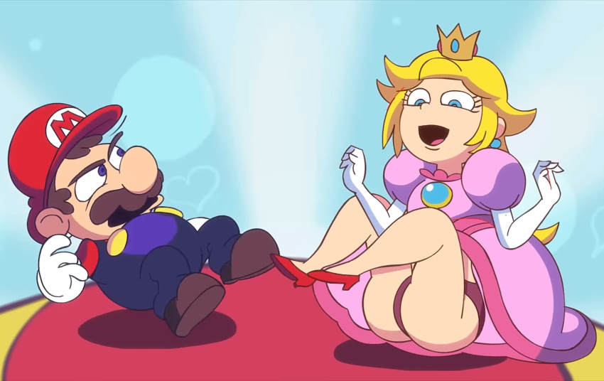 1boy 1girls 4_fingers accurate_art_style ass ass_grab blonde_hair blue_eyes brown_hair crown dress egoraptor egoraptor_(artist) hat headwear heels mario mario_(series) mushroom nintendo overalls panties pantyshot princess_peach princess_peach_(starbomb) red_hat red_heels red_shoes screenshot shoes starbomb super_mario_bros. youtube_source