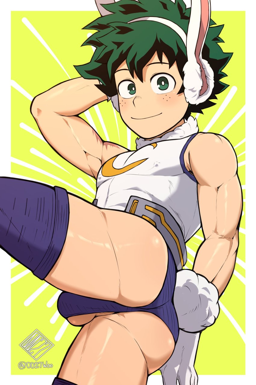 0027woo 1boy ass balls big_ass big_butt bunny_ears bunny_tail butt dekufemboy freckles freckles_on_face green_eyes green_hair huge_ass huge_butt izuku_midoriya looking_at_viewer male male_only miruko_(cosplay) my_hero_academia shounen_jump solo solo_male thick_ass thick_butt