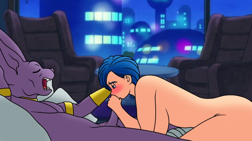 1boy 1girls 2023 anthro anthro_on_human ass bed beerus blue_eyes blue_hair blush breasts bulma bulma_(dragon_ball) bulma_briefs curvy dragon_ball dragon_ball_super embarrassed fellatio female furry god_of_destruction hand_on_head hand_on_penis highres kneeling_oral_position male nude oral penis purple_skin setthh98 short_hair sideboob straight thick_thighs thighs