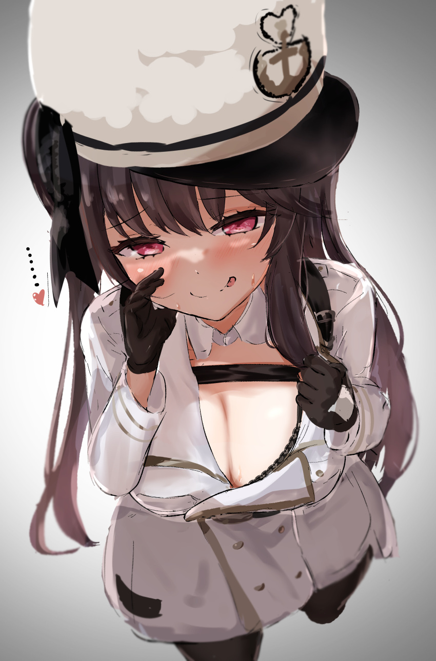 1girls azur_lane black_gloves black_hair breasts cap cleavage clothed clothing eyebrows_visible_through_hair female female_only gloves hat heart inviting licking_lips light-skinned_female light_skin looking_at_viewer military_cap military_hat military_uniform muji_(muji64) northern_parliament_(azur_lane) pamiat_merkuria_(azur_lane) pink_eyes pov solo teasing teasing_viewer