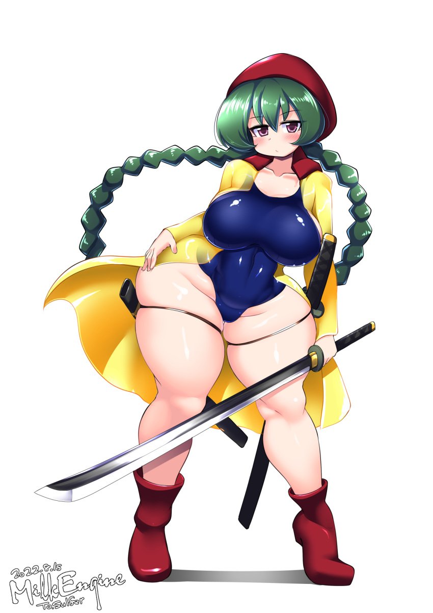 1girls bbw big_breasts blush breasts female green_hair katana kyosuke_fujiwara light-skinned_female looking_at_viewer original solo swimsuit sword wide_hips