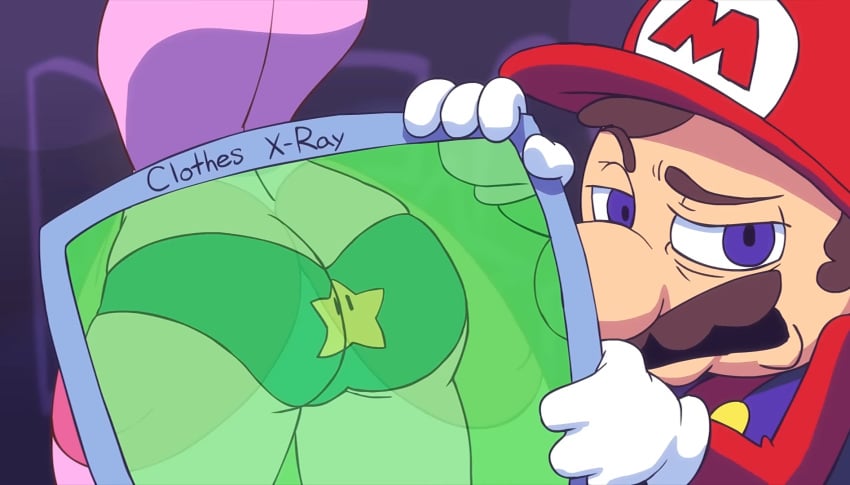 1boy 1girls 4_fingers ass ass_cleavage assisted_exposure big_nose blue_eyes brown_eyebrows brown_hair brown_mustache butt butt_crack dat_ass dress egoraptor_(artist) english_text female hat mario mario_(series) moustache nintendo panties power_star princess_peach princess_peach_(starbomb) print_panties red_hat round_nose screenshot star starbomb super_star text underwear x-ray youtube_source