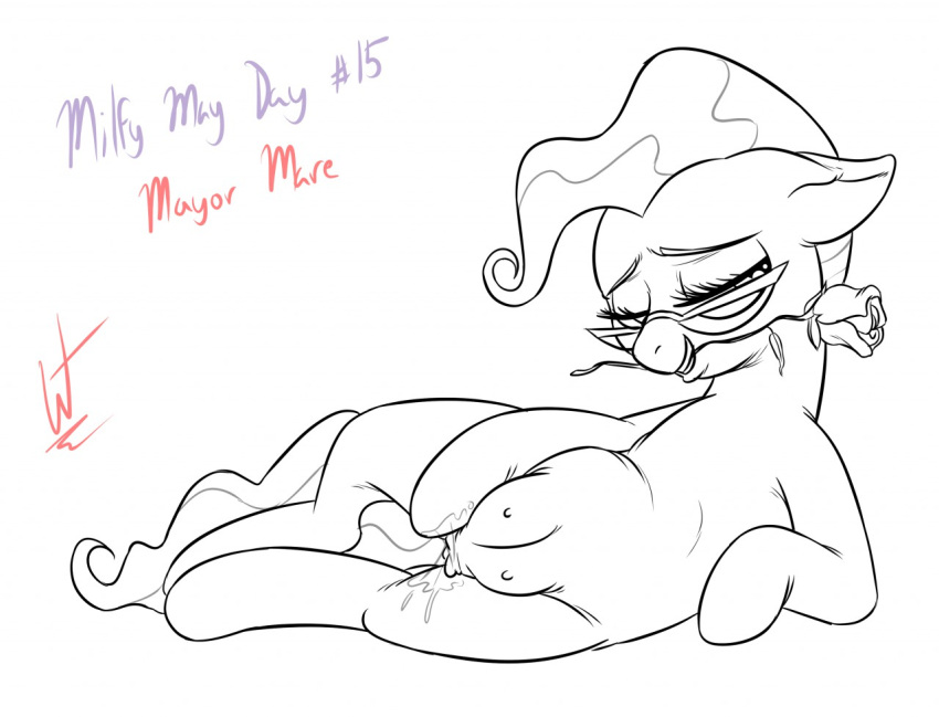 2018 anatomically_correct bedroom_eyes biting_object black_and_white bodily_fluids crotchboobs ears_back earth_pony english_text equid equine eyewear female feral flower friendship_is_magic genital_fluids genitals glasses hasbro horse looking_at_viewer mammal masturbation mayor_mare_(mlp) my_little_pony narrowed_eyes nipples pivoted_ears plant pony pussy pussy_juice rose_(flower) seductive signature simple_background solo teeth text wastedtimeee white_background