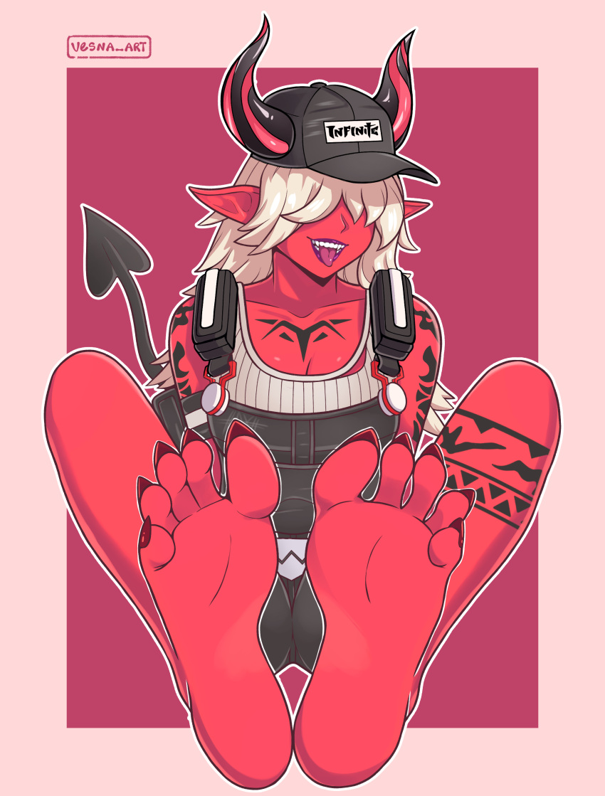 1girls cap clothing demon demon_girl demon_horns desdemona_(fortnite) feet female foot_fetish fortnite horn nails overalls pointy_ears pointy_nails red_body red_toenails sharp_toenails sitting tattoo vesna_art