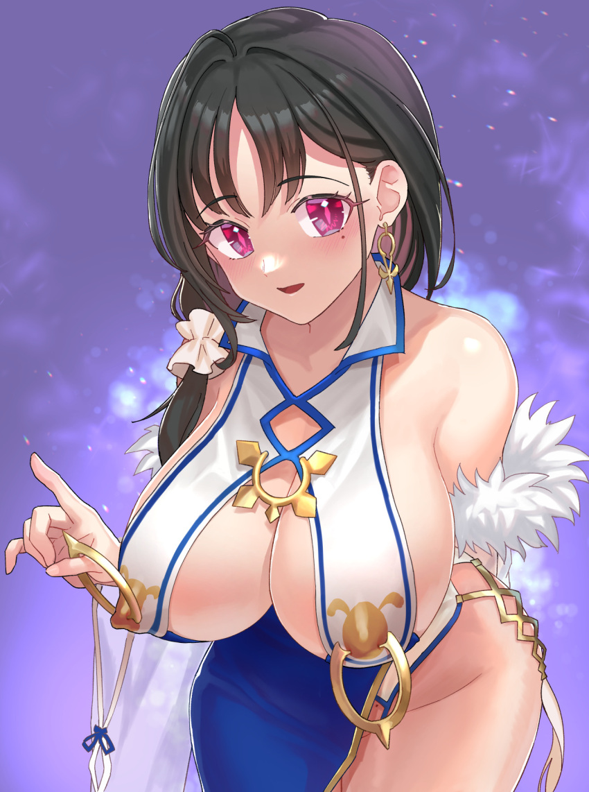 1girls areolae areolae_visible_through_clothing azur_lane big_breasts black_hair blush breast_piercings breasts clothed clothing dragon_empery_(azur_lane) earring exposed_breasts eyebrows_visible_through_hair female female_only hair_ribbon happy light-skinned_female light_skin nipple_bulge nipples nipples_visible_through_clothing nude piercings pink_eyes ponytail solo supurai ting_an_(azur_lane)