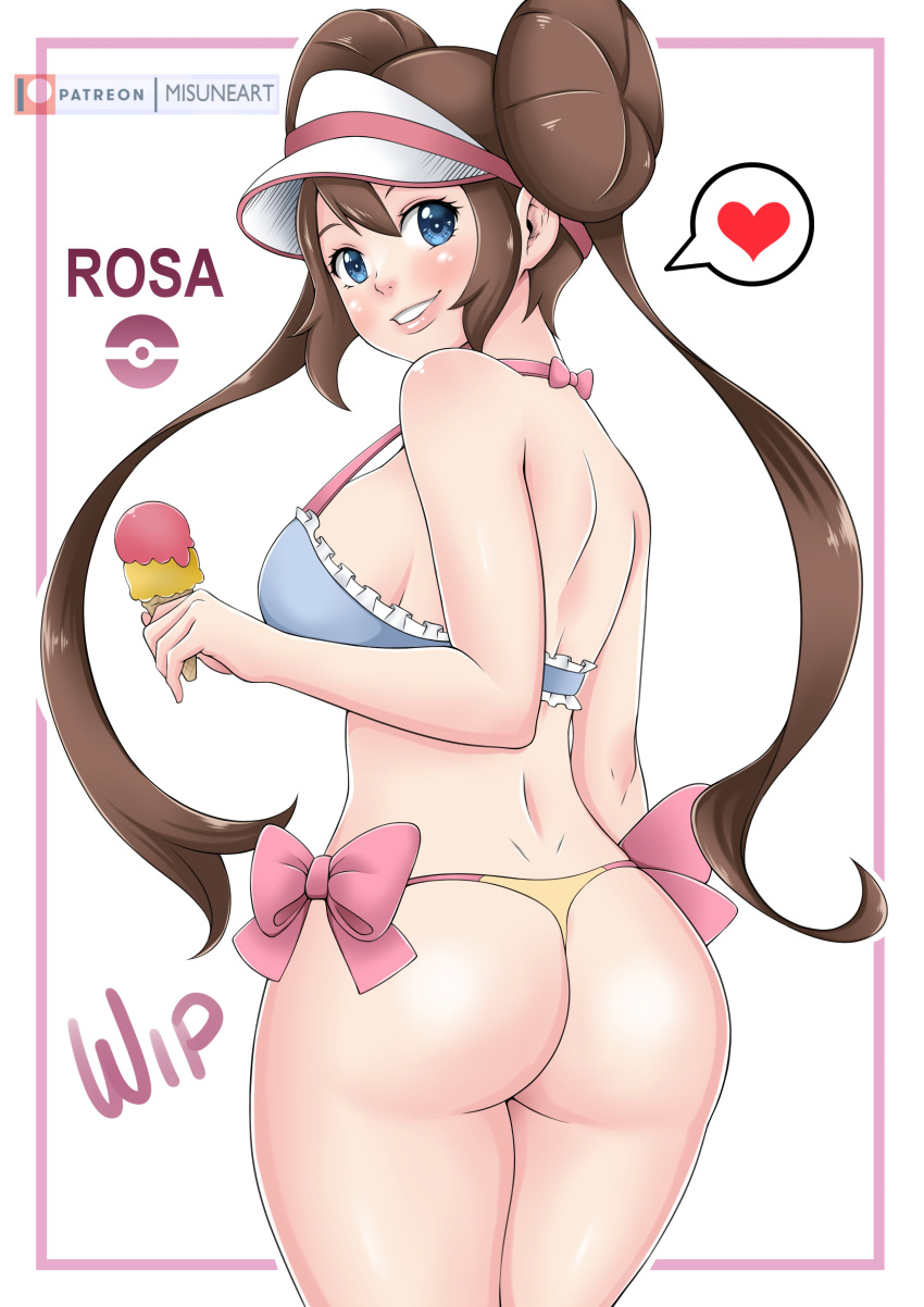 1girls 2023 ass bikini blue_eyes brown_hair character_name female female_only game_freak heart holding_ice_cream_cone ice_cream ice_cream_cone long_twintails looking_at_viewer looking_back looking_back_at_viewer misune_art nintendo patreon_logo patreon_username pokemon pokemon_bw2 rosa_(pokemon) sideboob solo speech_bubble spoken_heart thick_thighs twin_buns twintails visor wip