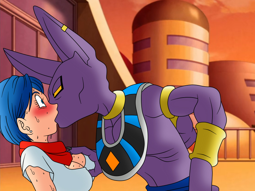 1boy 1girls 2023 absurd_res anthro anthro_on_human beerus blue_eyes blue_hair blush bulma bulma_(dragon_ball) bulma_briefs clothed clothing domination dragon_ball dragon_ball_super embarrassed female furry god_of_destruction kissing male maledom purple_skin scarf setthh98 shirt shocked short_hair straight sweat sweating sweating_profusely wide_eyed