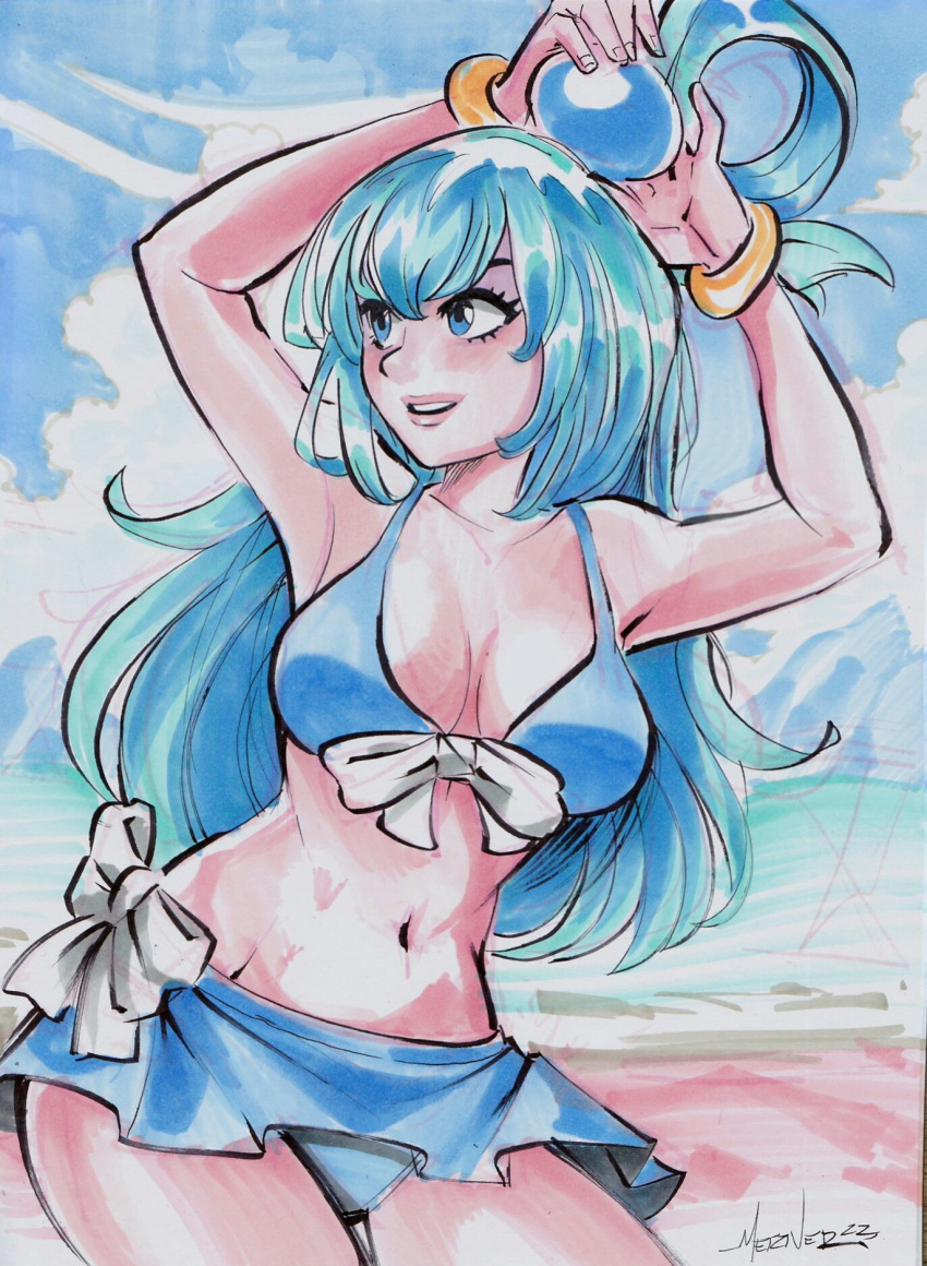 1girls aqua_(konosuba) bare_arms bare_legs bare_midriff bare_shoulders bare_thighs belly_button bikini bikini_bottom bikini_skirt bikini_top blue_bikini blue_bikini_bottom blue_bikini_top blue_eyes blue_hair bow bracelet chris_metzner cleavage female female_only kono_subarashii_sekai_ni_shukufuku_wo! long_hair midriff navel solo white_bow yellow_bracelet