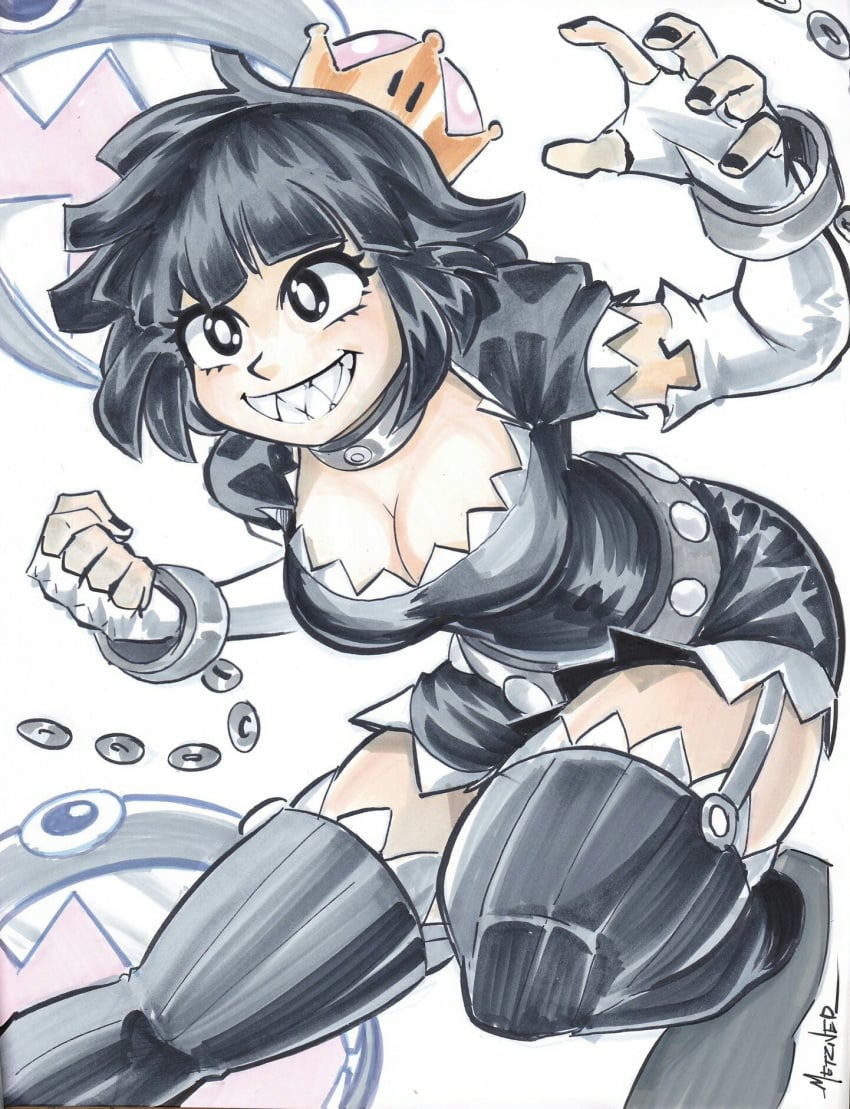 1girls 2others bare_thighs belt black_collar black_dress black_eyes black_hair black_nail_polish black_stockings chain_chomp chained chains chompette chris_metzner cleavage collar cuffed cuffs dress female female_focus gloves long_sleeves mario_(series) metal_belt metal_collar nail_polish new_super_mario_bros._u_deluxe ripped_clothing ripped_dress sharp_teeth short_hair stockings super_crown super_mario_bros. thick_thighs thigh_gap