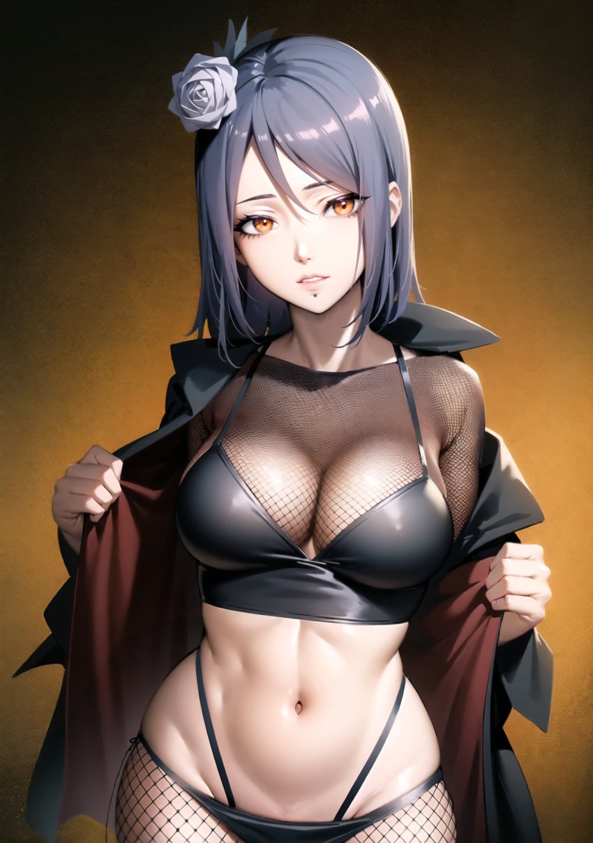 1girls ai_generated big_breasts blue_hair blush bra cleavage coat curvaceous female female_focus fishnet_pantyhose fishnets flower flower_in_hair g-string highleg highleg_panties konan looking_at_viewer midriff nai_diffusion naruto naruto_(series) naruto_shippuden orange_eyes panties pantyhose piercing solo stable_diffusion taking_clothes_off undressing upper_body voluptuous