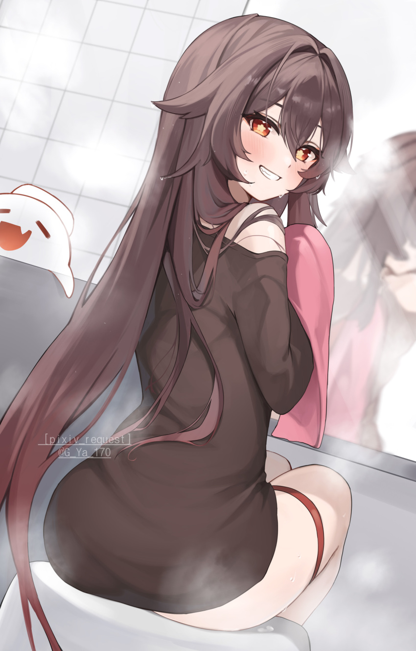 1girls ass bathroom blush brown_hair clothing from_behind g_ya_170 genshin_impact gya_(144) hi_res hips hu_tao_(genshin_impact) long_hair looking_at_viewer shirt simple_background smile solo