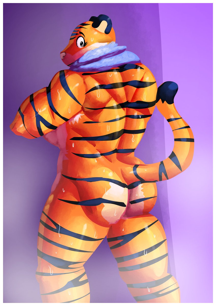 absurd_res anthro ass coldgemini disney fan_character felid female hi_res looking_at_viewer looking_back looking_back_at_viewer mammal muscular muscular_female nude pack_street pandora_(weaver) pantherine raised_tail shower solo steam tail tiger towel wet zootopia