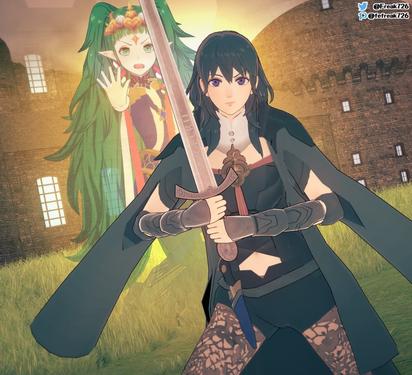 2girls 3d angry blue_eyes braid breasts byleth_(fire_emblem) byleth_(fire_emblem)_(female) fefreak726 female female_only fight fighting_stance fire_emblem fire_emblem:_three_houses ghost green_eyes green_hair large_breasts leggings long_hair medium_hair multiple_girls navel nintendo open_mouth outdoors pantyhose pointy_ears pose raised_eyebrows reaching_out shorts small_breasts smug sothis_(fire_emblem) sword teal_hair transparent_body twin_braids twintails very_long_hair weapon