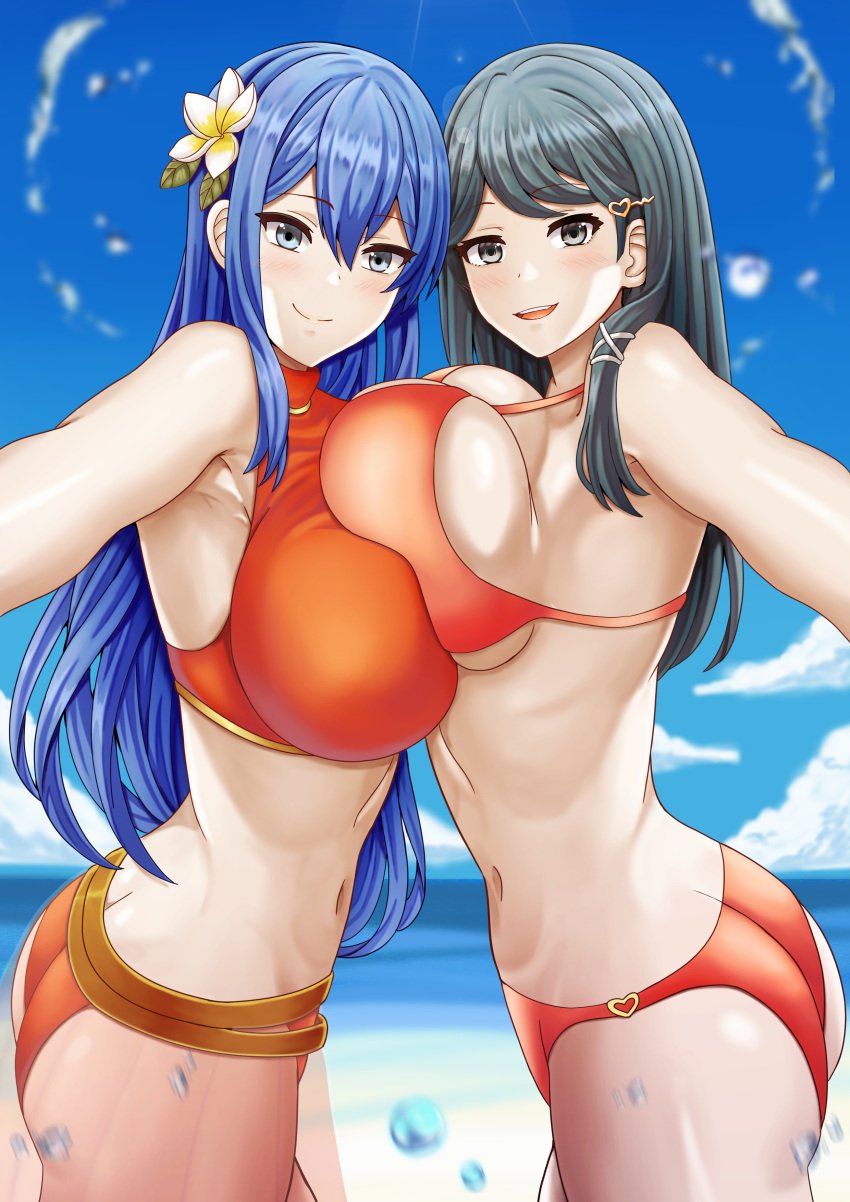 2girls :d absurdres alternate_costume armpit_crease ass ass_cleavage asymmetrical_docking bare_shoulders beach big_ass bikini bikini_skirt black_eyes blue_eyes blue_hair blue_sky blush breast_press breasts butt_crack caeda_(fire_emblem) caeda_(summer)_(fire_emblem) cleavage closed_mouth cloud commission cowboy_shot day female female_only fire_emblem fire_emblem:_mystery_of_the_emblem fire_emblem:_shadow_dragon_and_the_blade_of_light fire_emblem_heroes flower groin hair_between_eyes hair_flower hair_ornament hairclip heart heart_hair_ornament highres huge_breasts in-franchise_crossover large_breasts long_hair looking_at_viewer multiple_girls navel nintendo ocean official_alternate_costume open_mouth orange_bikini orange_swimsuit oribe_tsubasa outdoors outstretched_arm reaching_out red_bikini red_swimsuit saikunartworks see-through see-through_skirt sidelocks skirt sky smile standing stomach swept_bangs swimsuit symmetrical_docking teal_hair teeth tokyo_mirage_sessions_#fe underboob upper_teeth_only water_drop