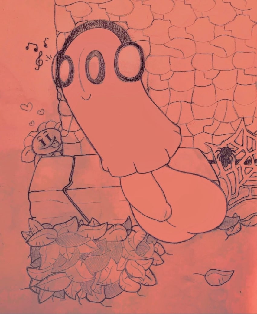 2boys flower flowey_the_flower ghost ghost_boy gigaboy headphones heart hearts huge_cock hyper_balls hyper_penis looking_at_another looking_at_balls looking_at_genitalia male male_only napstablook non-human spying staring_at_penis undertale undertale_(series)