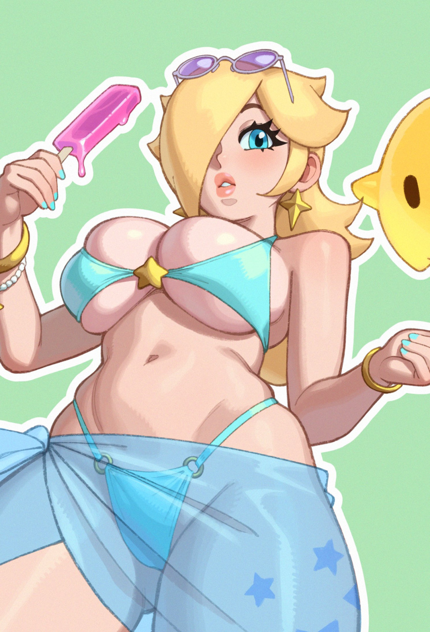 1girls 2023 bikini bimbo blonde_hair blue_eyes breasts cleavage female female_focus female_only hair_over_one_eye hips huge_breasts human light-skinned_female light_skin long_hair looking_at_viewer luma mario_(series) navel nintendo princess_rosalina rizdraws standing super_mario_galaxy thick_lips thick_thighs thighs voluptuous wide_hips