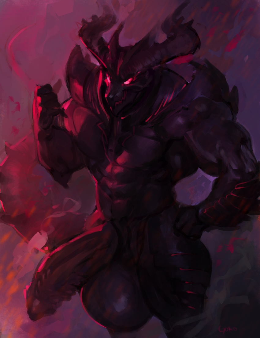 abstract_background balls big_balls demon digital_drawing_(artwork) digital_media_(artwork) genitals goroguro hi_res horn male male_only muscular muscular_male penis solo standing