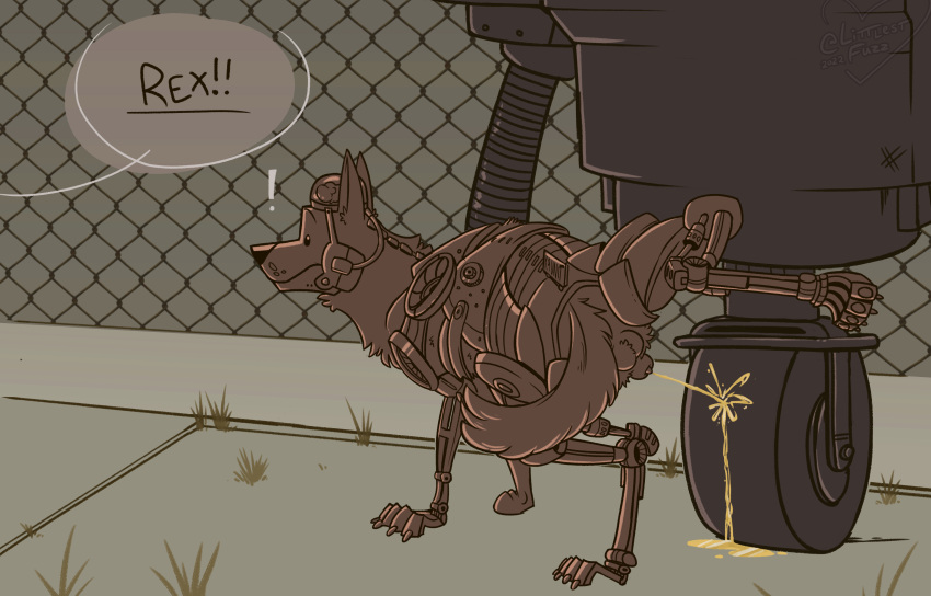 2022 absurd_res anatomically_correct anatomically_correct_genitalia anatomically_correct_penis animal_genitalia animal_penis balls beady_eyes bethesda_softworks bodily_fluids canid canine canine_genitalia canine_penis canis chain-link_fence cyberdog_(fallout) cybernetic_leg cybernetic_limb cybernetic_spine cybernetic_torso cybernetics cyborg_dog dialogue domestic_dog exclamation_point fallout fallout_new_vegas fence feral feral_focus fur genital_fluids genitals german_shepherd grass herding_dog hi_res hiked_leg littlestfuzz machine male male_peeing mammal marking_territory offscreen_character outside pastoral_dog paws peeing peeing_on_another peeing_on_robot penis penis_tip plant quadruped raised_leg rex_(fallout_new_vegas) robot scolding securitron sheath simple_background solo_focus talking_to_another urine urine_on_ground urine_pool urine_stream watersports wheel