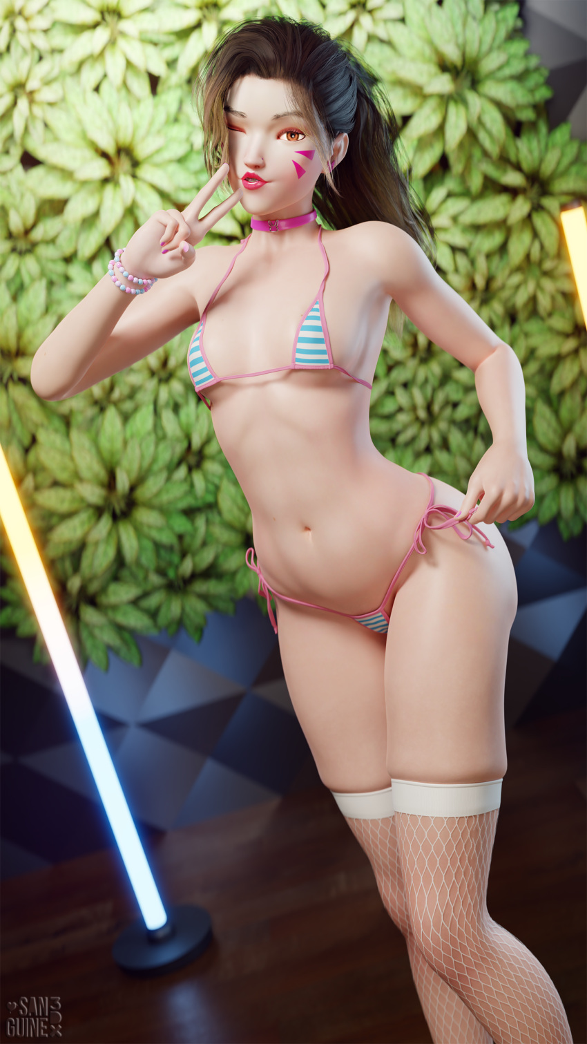 1girls 3d bikini blink blinking brown_hair choker d.va female fishnets hana_song hazel_eyes lipstick looking_at_viewer overwatch peace_sign photoshoot ponytail sanguine3dx skinny slim small_breasts smile solo solo_female stockings thick_lips thigh_squish tight_socks