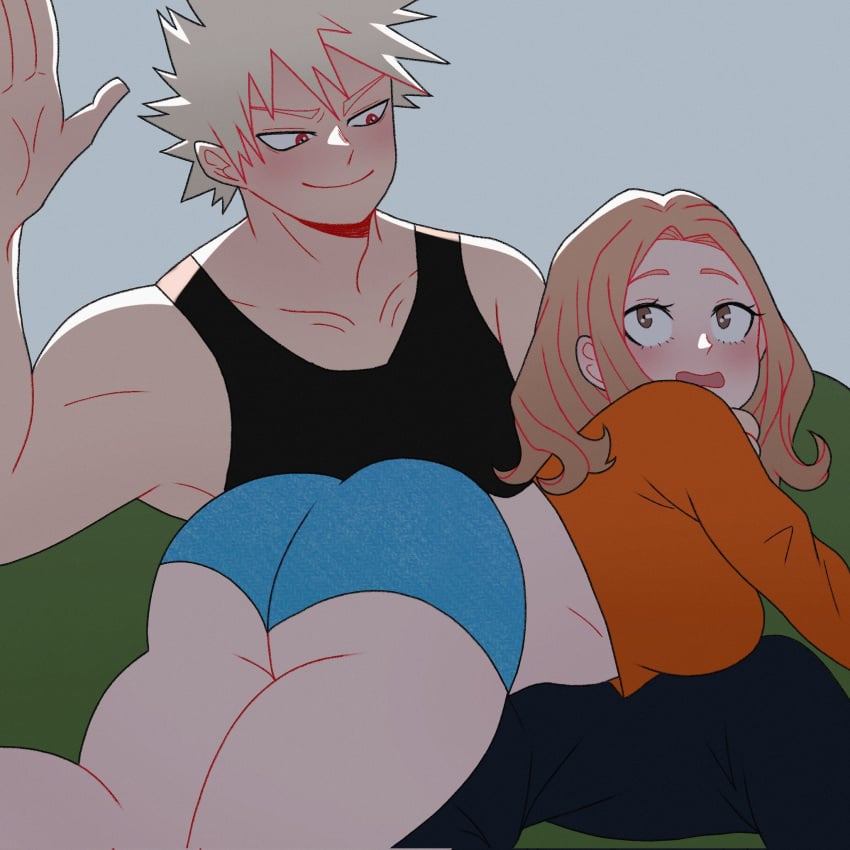 1boy 1girls ass big_ass big_breasts blonde blonde_hair blush camie_utsushimi huge_ass imminent_spanking katsuki_bakugou lazyanart lying_on_stomach maledom muscular_male my_hero_academia nervous on_lap over_the_knee over_the_knee_spanking short_shorts shorts smile spanking spiky_hair straight tank_top thick thick_ass thick_thighs thighs