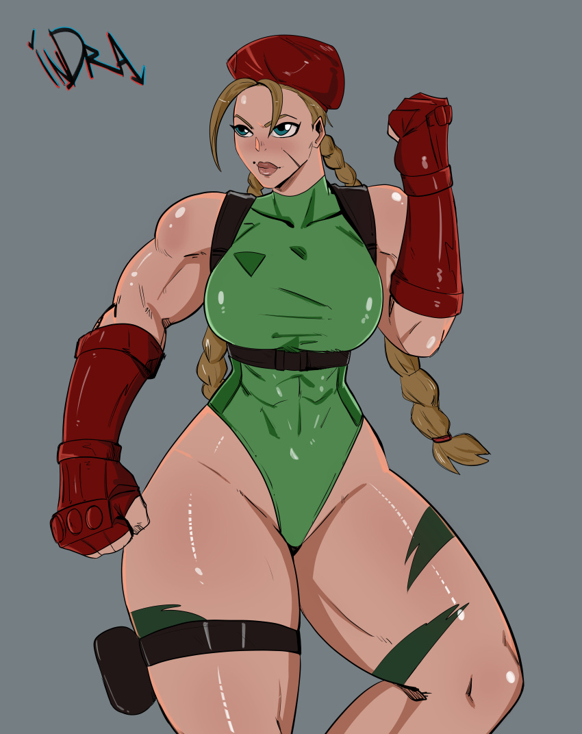 blonde_hair bodysuit cammy_white indralvspaizuri legs leotard muscular_female pinup street_fighter thick_thighs