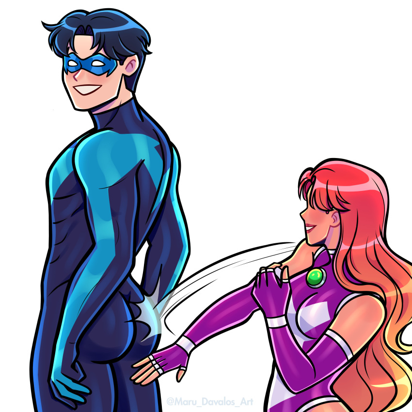 1boy 1girls ass batman_(series) bodysuit dat_ass dc dc_comics dick_grayson female fingerless_gloves ginger high_resolution koriand'r male mask nightwing skin_tight slap slap_dat_ass slapping slapping_ass slapping_butt starfire straight tamaranean teen_titans tight_clothing