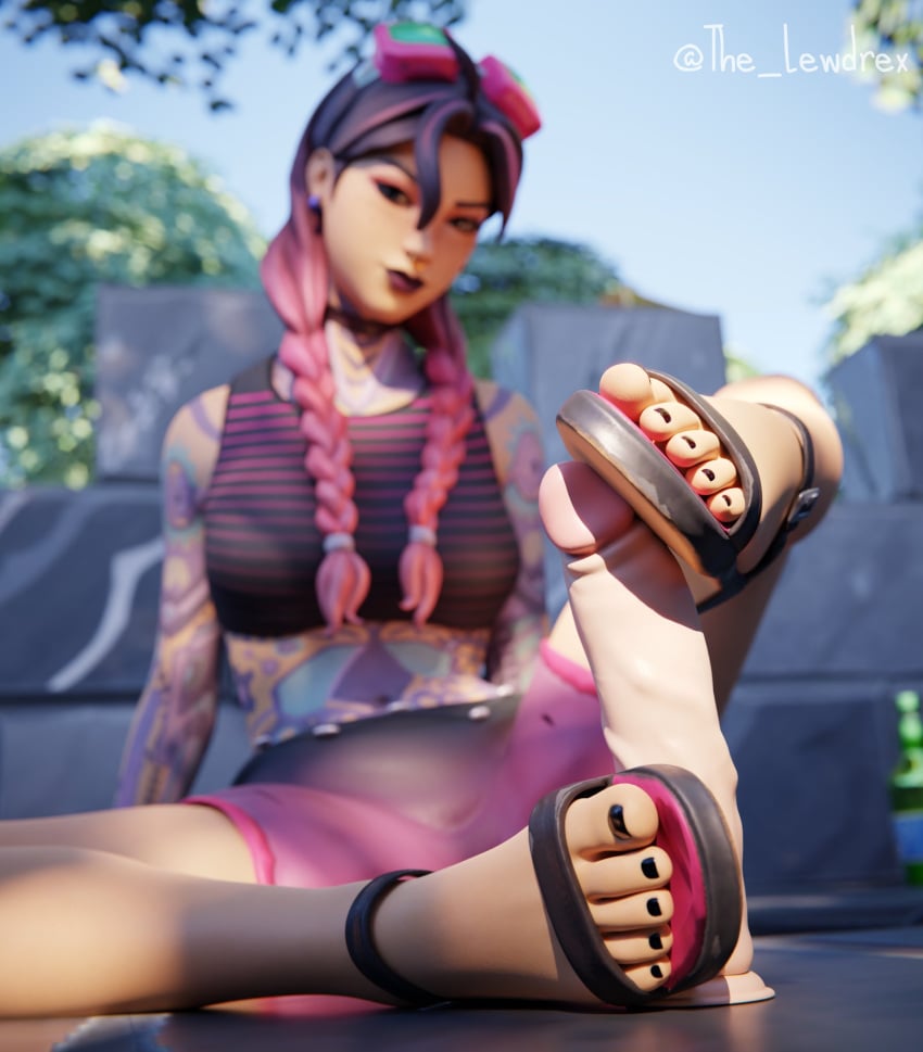 1girls 3d alternate_version_available beach_jules black_nail_polish black_nails blender bottomwear breasts clothed clothing detailed_background dildo ear_piercing earrings epic_games feet female female_focus female_only foot_fetish footjob fortnite freckles freckles_on_face goggles goggles_on_head headwear jules_(fortnite) lewdrex light-skinned_female light_skin looking_at_viewer multicolored_hair nose_piercing outdoors outside piercing piercings pink_hair presenting presenting_feet sandaljob sandals seductive seductive_eyes seductive_look seductive_smile sex_toy shoes shorts sitting soles solo solo_focus tank_top tattoo tattooed_arm tattoos toes topwear twintails two_tone_hair watermark