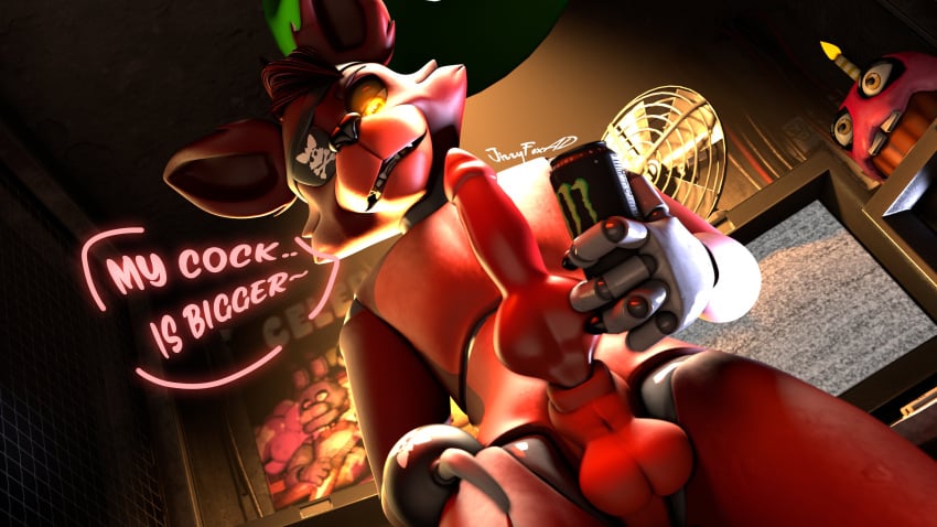 3d_(artwork) absurd_res animal_genitalia animal_penis animatronic anthro balls canid canine canine_genitalia canine_penis cupcake_(fnaf) digital_media_(artwork) english_text erection eye_patch eyewear fingers five_nights_at_freddy's fox foxy_(fnaf) genitals hi_res holding_energy_drink holding_object hook hook_hand jizzyfox knot machine male male_only mammal monster_energy nude penis pirate red_body robot scottgames solo teeth text yellow_eyes