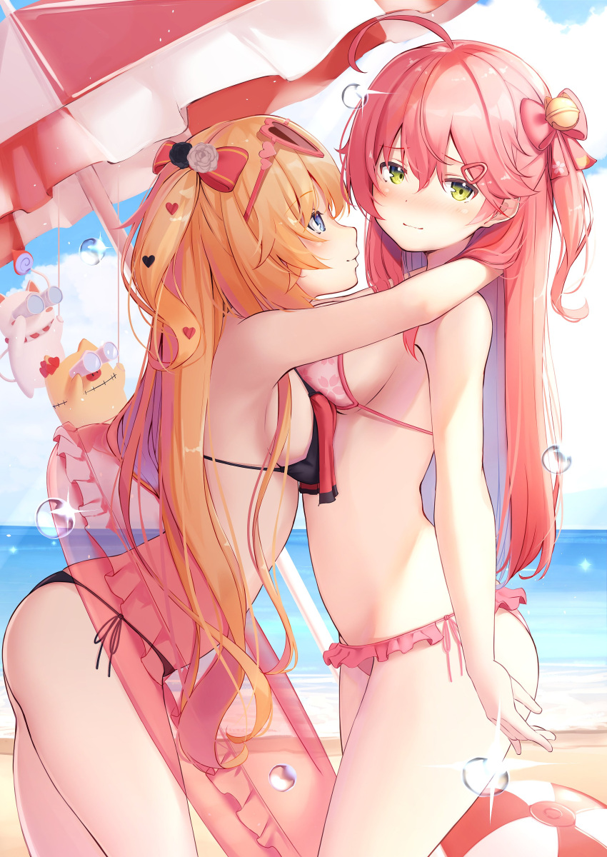 2girls 35p_(sakura_miko) akai_haato arched_back bare_arms bare_shoulders beach beach_umbrella bikini black_bikini black_swimsuit blonde_hair blue_eyes bow breasts closed_mouth eyewear_on_head fan_mascot_(vtuber) female female_only frilled_bikini frills from_side green_eyes haaton_(akai_haato) hairbow hololive hololive_gen_0 hololive_gen_1 hololive_japan hug innertube long_hair looking_at_another looking_at_viewer medium_breasts multiple_girls nyan_(reinyan_007) one_side_up pink_bikini pink_hair pink_swimsuit sakura_miko side-tie_bikini_bottom string_bikini sunglasses sunglasses_on_head swimsuit umbrella virtual_youtuber yuri