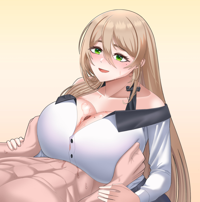 1boy 1girls aassddff ban_joo-hee beauty_mark big_breasts blonde_hair blush breasts cleavage clothed_female_nude_male green_eyes huge_breasts light-skinned_female light-skinned_male light_skin looking_at_partner love_delivery milf nose_blush paizuri paizuri_under_clothes precum simple_background sweat unseen_male_face