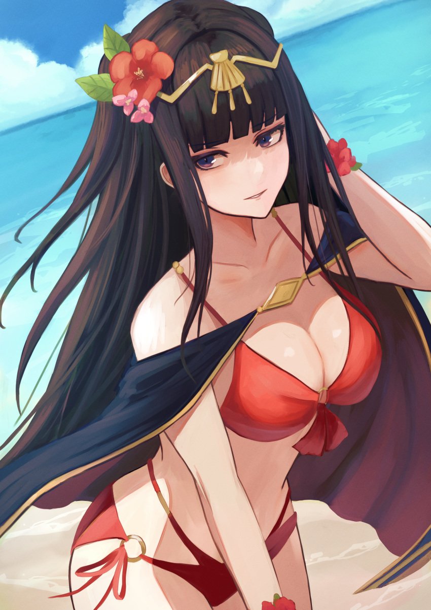 1girls alternate_costume bikini black_hair blunt_bangs breasts cape cleavage female female female_only fire_emblem fire_emblem_awakening fire_emblem_heroes hair_ornament highres labebebe_lee long_hair looking_at_viewer medium_breasts nintendo o-ring o-ring_bottom official_alternate_costume red_bikini red_swimsuit solo swimsuit tharja_(fire_emblem) tharja_(summer)_(fire_emblem) tiara two_side_up