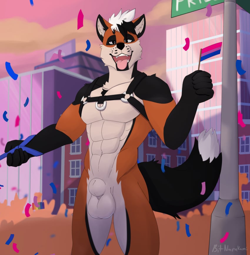 abs animal_genitalia anthro balls bisexual_pride_colors bitnarukami canid canine genitals hi_res lgbt_pride male male_only mammal maned_wolf muscular muscular_male nhox nude pecs pride_colors sheath solo tongue tongue_out