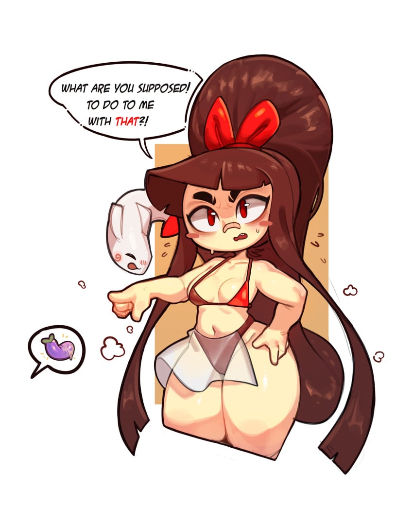 bikini bikini_top bow diives eggplant female_only gaghiel_(diives) oc offscreen_character see-through_clothing shaming shortstack text text_bubble thick_thighs troppart xingzuo_temple