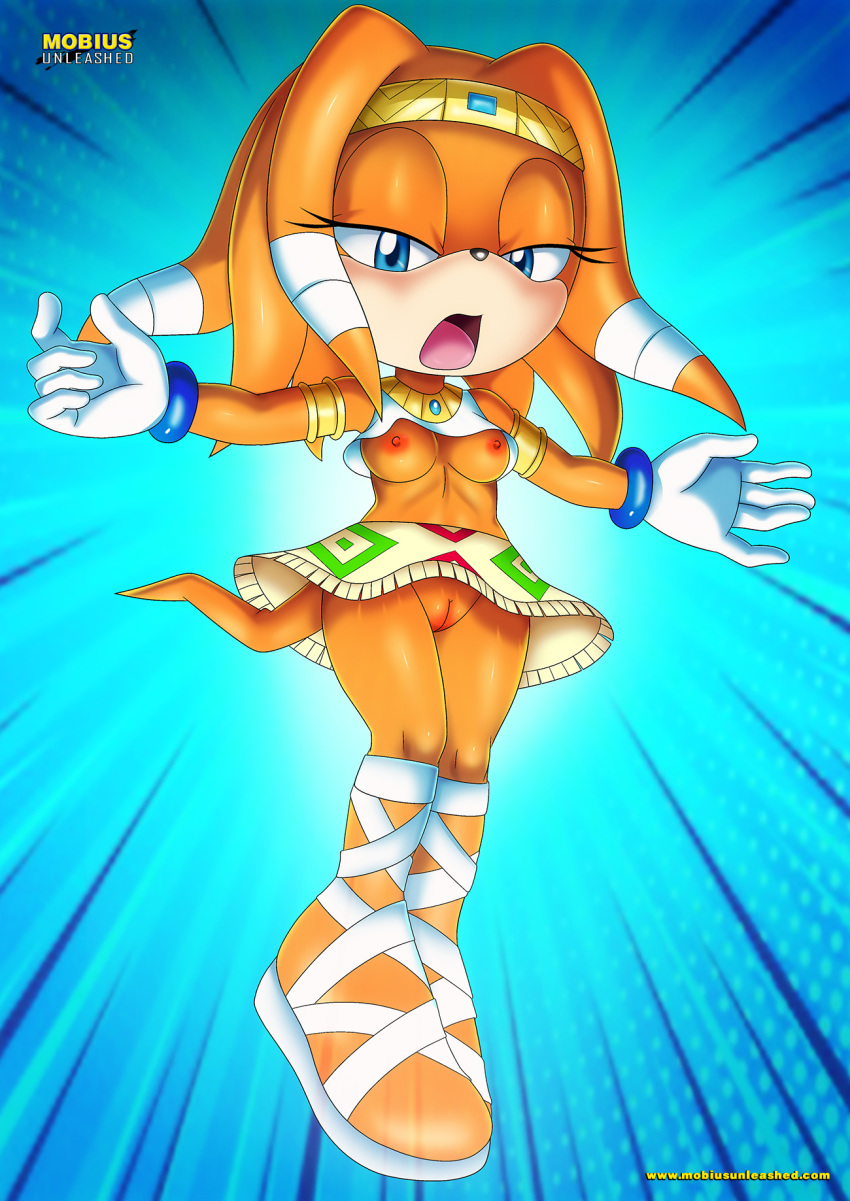 anthro bbmbbf blue_eyes bracelet breasts clothed clothing echidna female female_only half-closed_eyes jewelry mammal medium_breasts mobius_unleashed necklace palcomix pussy sandals skirt sonic_(series) sonic_adventure sonic_the_hedgehog_(series) t-pose tank_top tikal_the_echidna wardrobe_malfunction