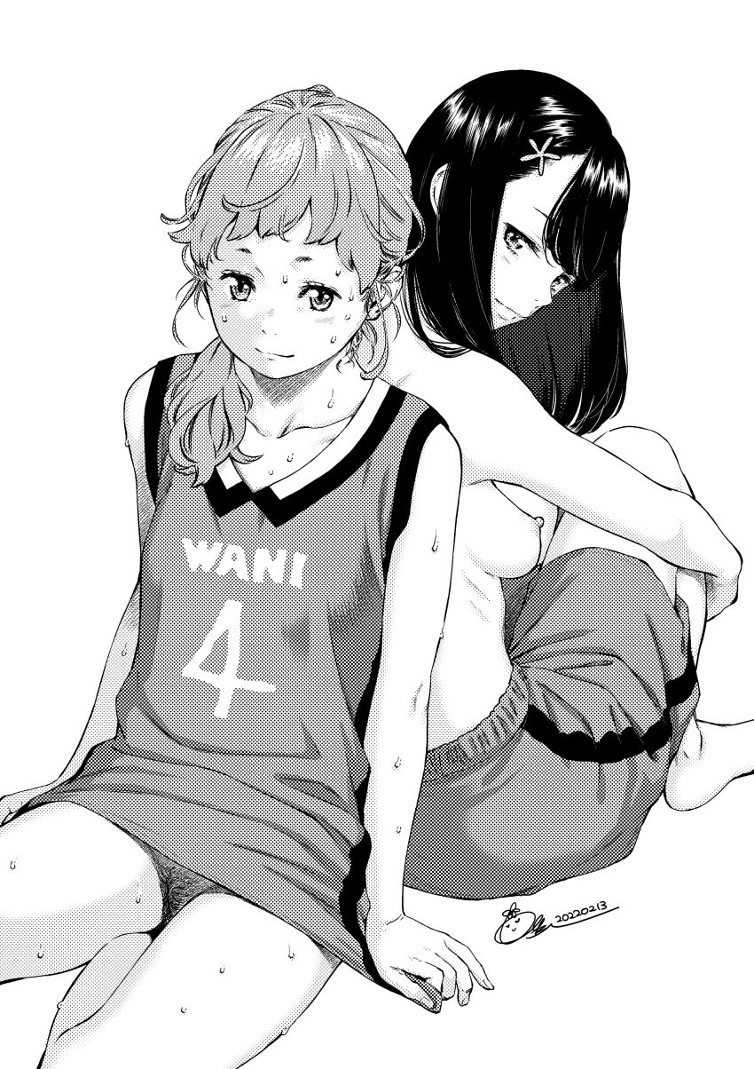 2girls absurdres back-to-back barefoot basketball_jersey basketball_uniform bottomless breasts commentary_request female female_only female_pubic_hair greyscale hair_ornament hair_over_shoulder highres key_(kagibangou) long_hair looking_at_viewer low_ponytail monochrome multiple_girls original pubic_hair simple_background sitting small_breasts sportswear sweat topless