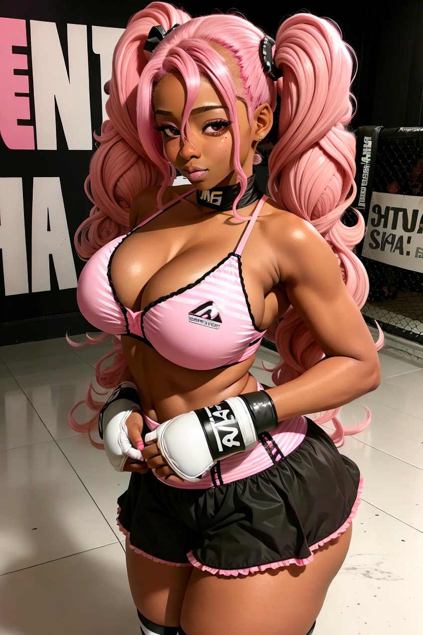 ai_generated big_breasts brown_eyes busty choker cleavage curvy dark-skinned_female fit_female long_hair mma_gloves nia_(dainty) original_character pink_hair sportswear stable_diffusion thighhighs twintails